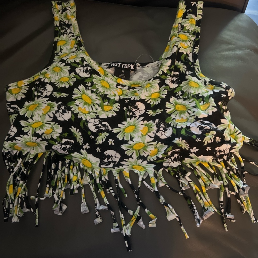 Hot Topic Black and Yellow Floral Fringe Crop Top